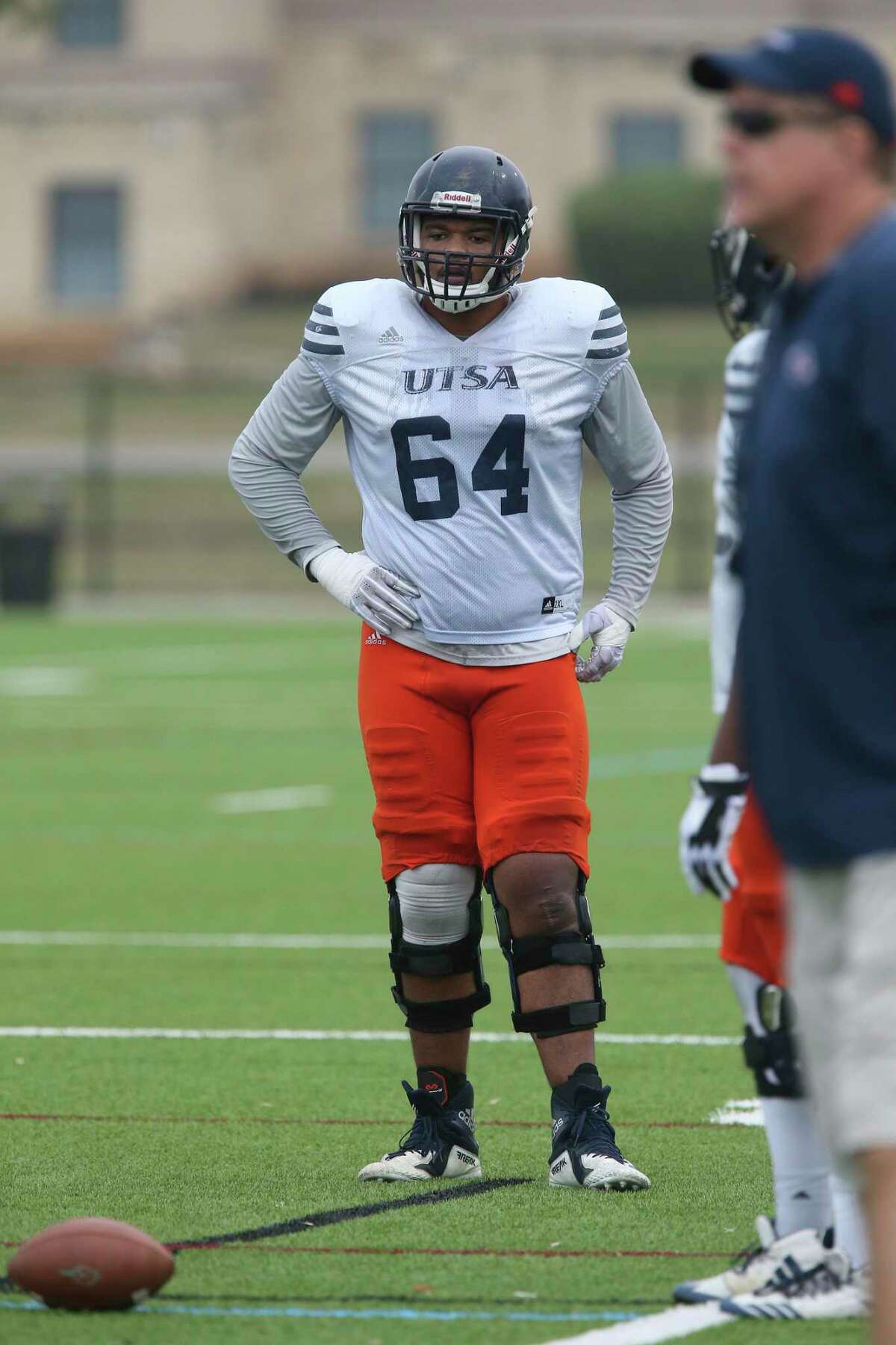 Roadrunners offensive tackle Josh Dunlop waits for the start of a drill during spring practice at the UTSA main campus on March 25, 2019.