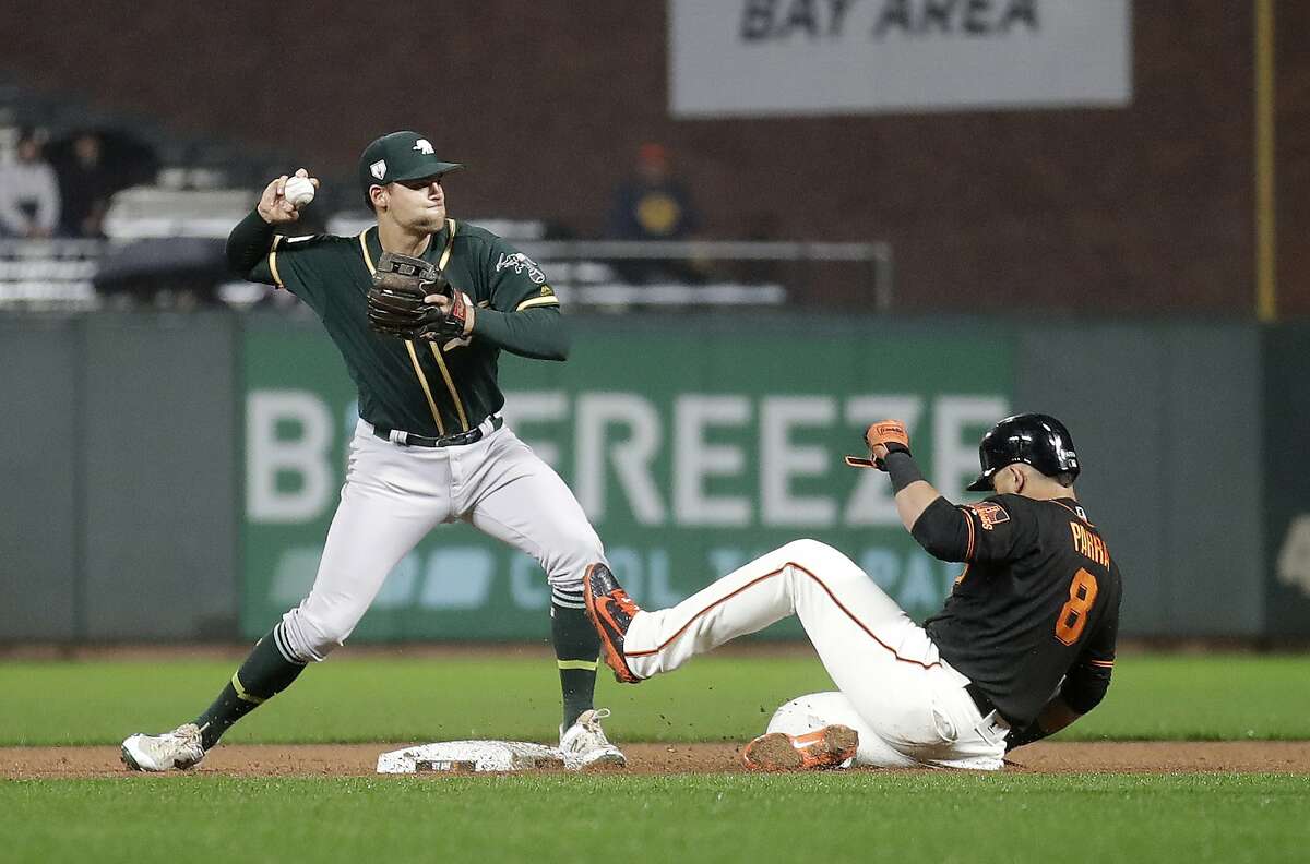 Oakland Athletics' Chad Pinder, left, looks to first base after forcing out San Francisco Giants' Gerardo Parra at second base during the fifth inning of an exhibition baseball game in San Francisco, Monday, March 25, 2019. (AP Photo/Jeff Chiu)