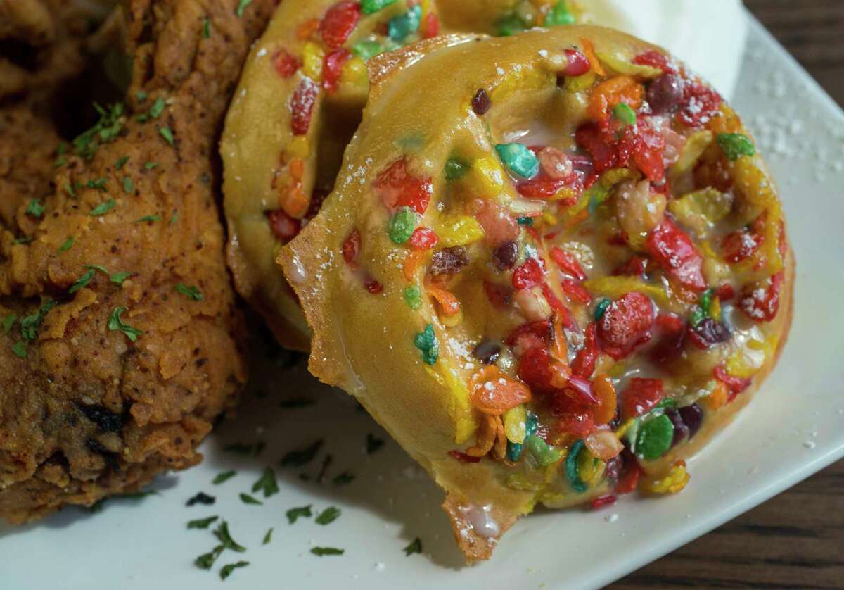 Fried chicken and Fruity Pebbles waffles at Taste Bar + Kitchen, 3015 Bagby.