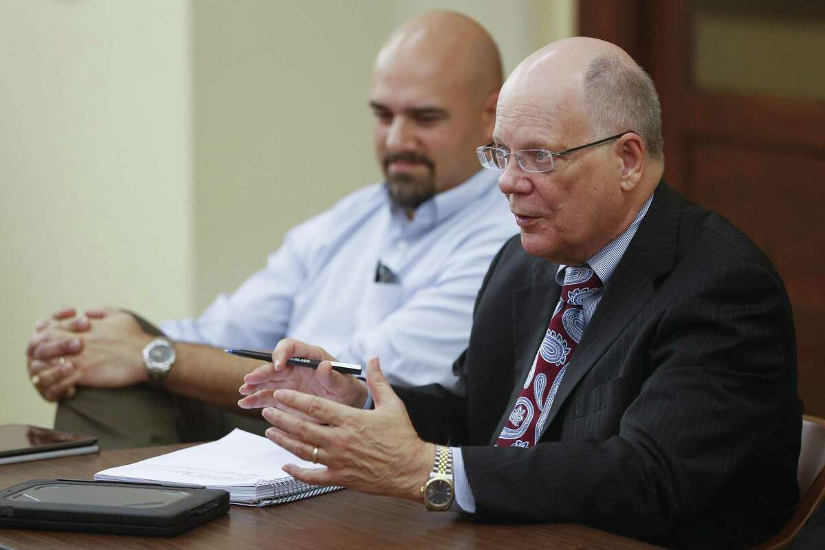 W.A. "Andy" Meyers, right, asks a question of Texas Land Commissioner George P. Bush, not pictured, at a roundtable discussion about the state of housing recovery after Hurricane Harvey at the Historic Courthouse Tuesday, Nov 28, 2017 in Richmond. ( Michael Ciaglo / Houston Chronicle)