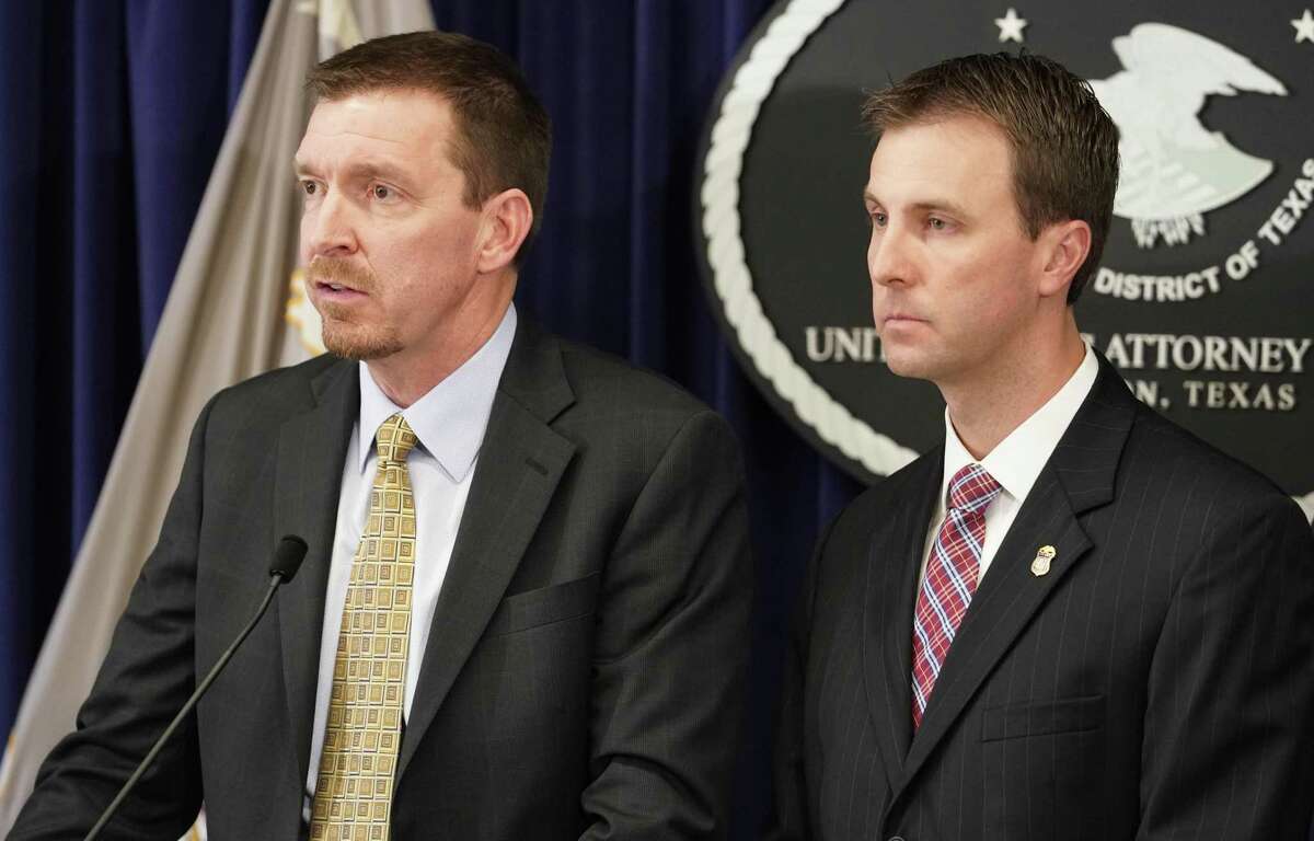 DEA Special Agent in Charge Will R. Glaspy, left, and U.S. Attorney Ryan K. Patrick, right, are shown during a press conference at the U.S. Attorney’s Office to announce numerous arrests involving drug trafficking crimes Wednesday, March 20, 2019, in Houston.