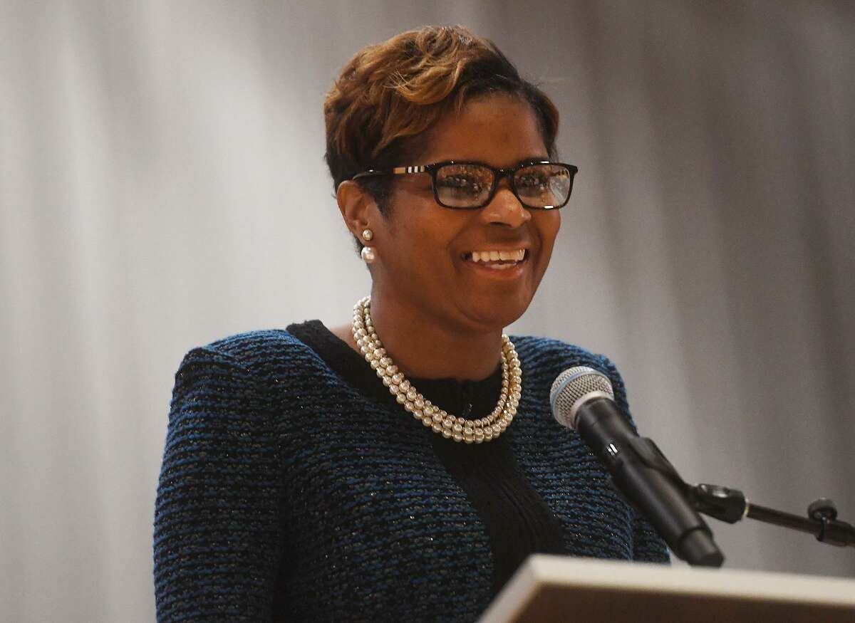 Bridgeport Superintendent of Schools Aresta Johnson addresses students and faculty during Governor Ned Lamont's visit to Harding High School in Bridgeport, Conn. on Tuesday, March 26, 2019.