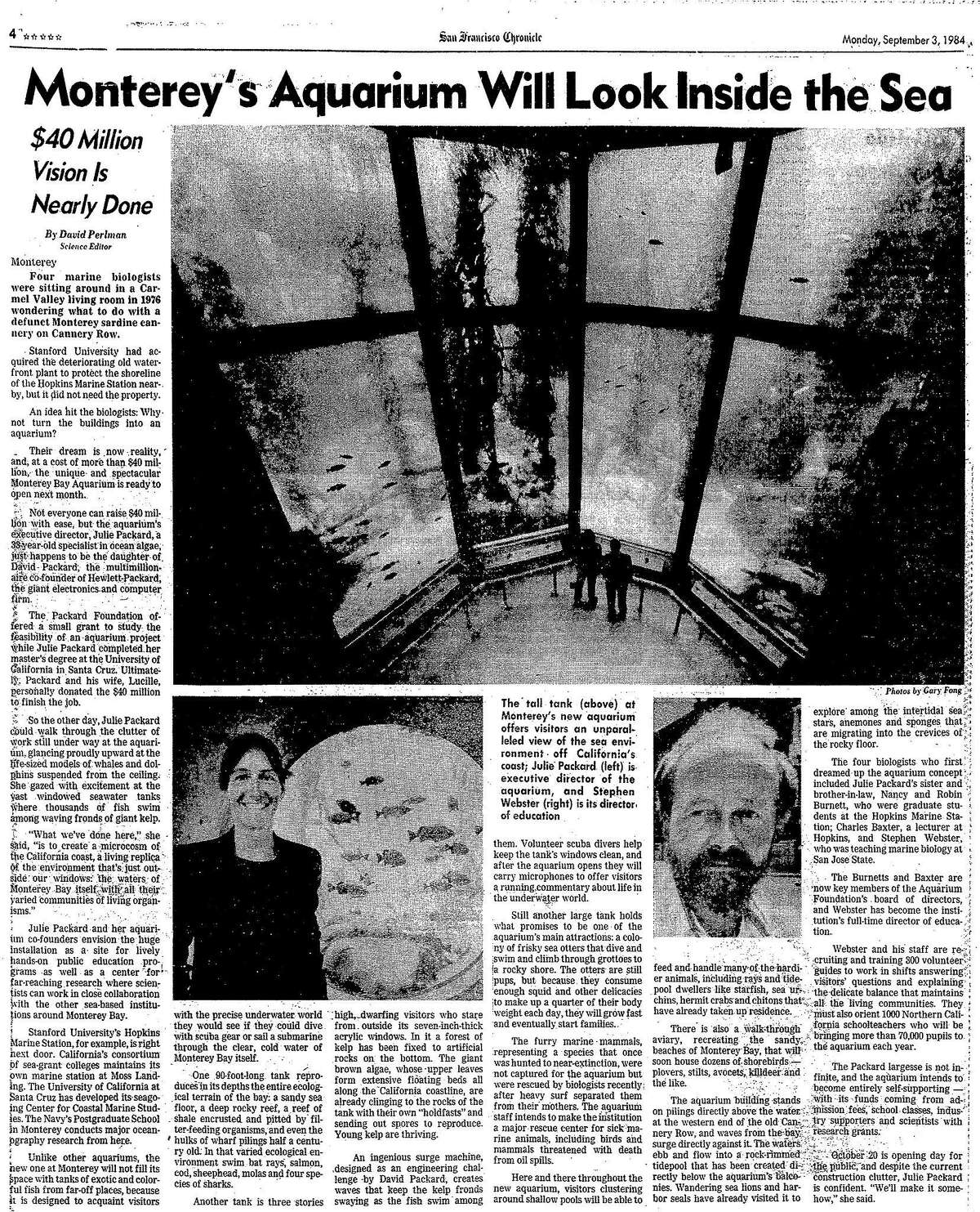 A Chronicle article dated September 3, 1984 previews the Monterey Bay Aquarium