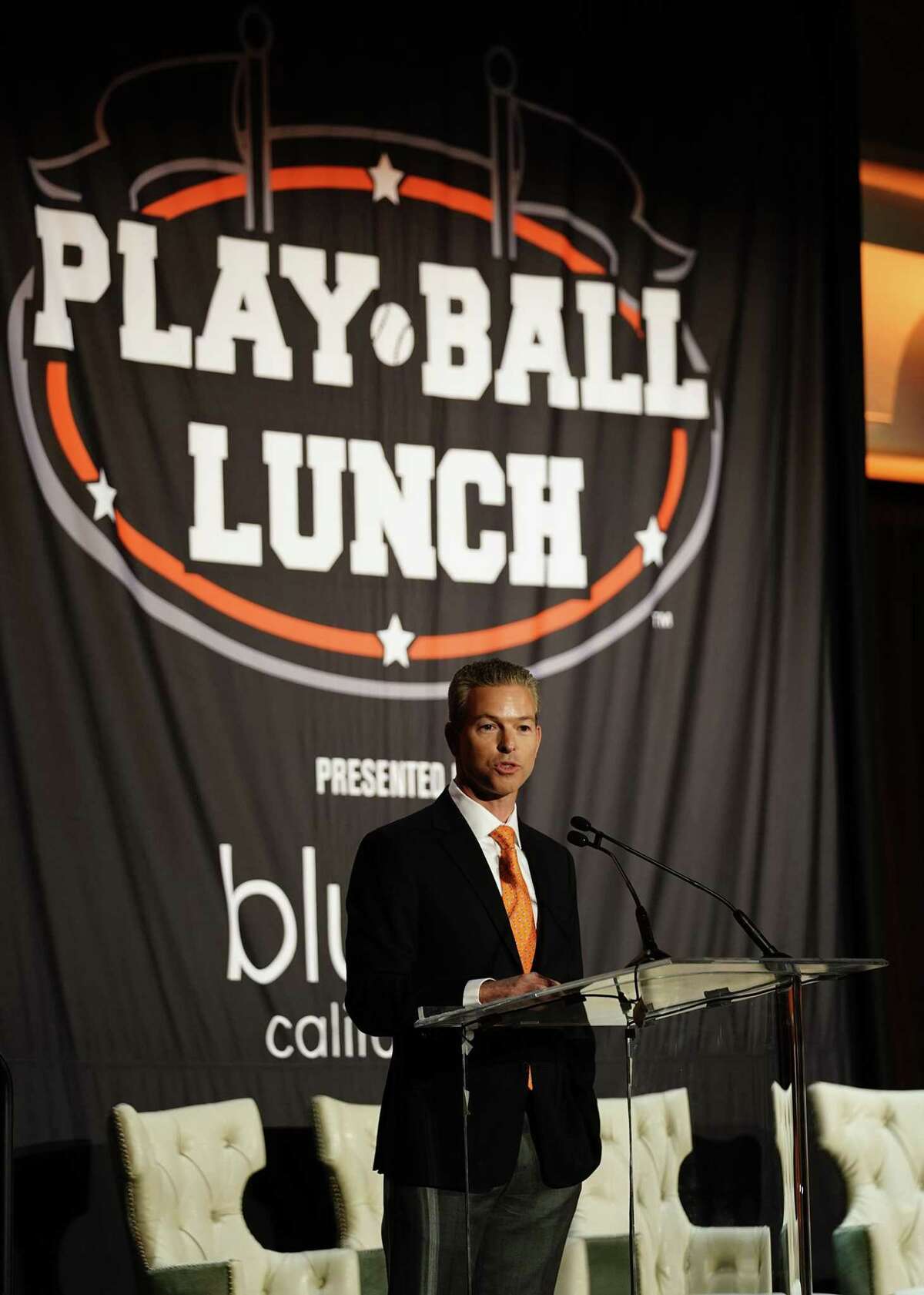 Robert Dean, San Francisco Giants interim CEO and Giants board member, speaks at the annual Play Ball Lunch at the Fairmont Hotel with Giants players and Jr. Giants kids on Monday March 25, 2019.