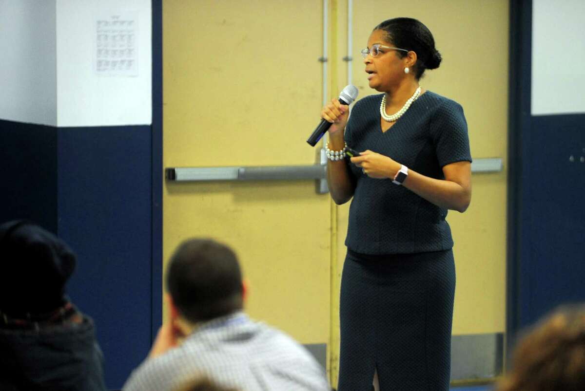Bridgeport Schools Superintendent Aresta Johnson leads a community forum to review the proposed city school budget in 2017. This year’s school-based forums were abruptly canceled by the school board as “too political.” even though the district is facing another year of massive cuts without a major infusion of new cash.