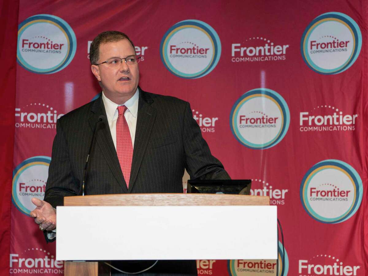 Frontier Communications President and CEO Daniel McCarthy at the podium during a press conference hosted by Frontier Communications and Sacred Heart University to celebrate the launch of Frontier?'s new all-local sports channel, Vantage Sports Network . The press conference was held in the Forum in the Martire Business and Communications building at Sacred Heart University, Fairfield, CT on Wednesday, October 26, 2016.
