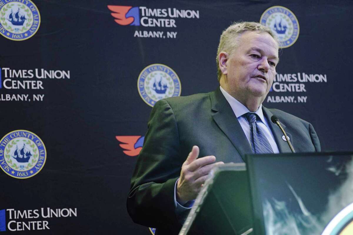 Rich Ensor, MAAC commissioner, addresses those gathered for a press conference at the Albany Capital Center on Wednesday, March 27, 2019, in Albany, N.Y. The press event was held to talk about the NCAA Division I women's basketball regional being held at the Times Union Center and the other events taking place in conjunction with it. (Paul Buckowski/Times Union)
