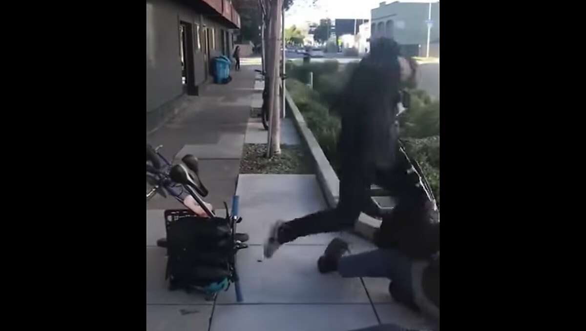 Police in San Francisco are trying to track down a black-clad bicyclist who assaulted an 85-year-old man during an antiabortion demonstration outside Planned Parenthood in the Mission District last week, officials said Wednesday.