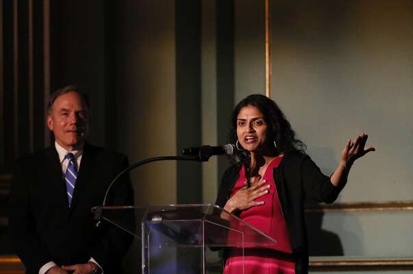 Visionary award winner Saru Jayaraman, Co-Founder & President Restaurant Opportunities Centers United speaks at the  Visionary of the Year Award gala on Wednesday, March 27, 2019 in San Francisco, CA.  John Diaz, Editorial Page Editor, San Francisco Chronicle, is in the background.