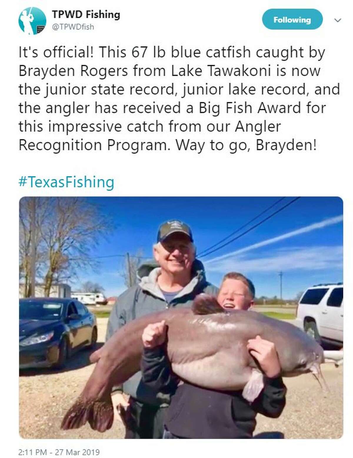 TPWD Fishing @TPWDFish It's official! This 67 lb blue catfish caught by Brayden Rogers from Lake Tawakoni is now the junior state record, junior lake record, and the angler has received a Big Fish Award for this impressive catch from our Angler Recognition Program. Way to go, Brayden! #TexasFishing