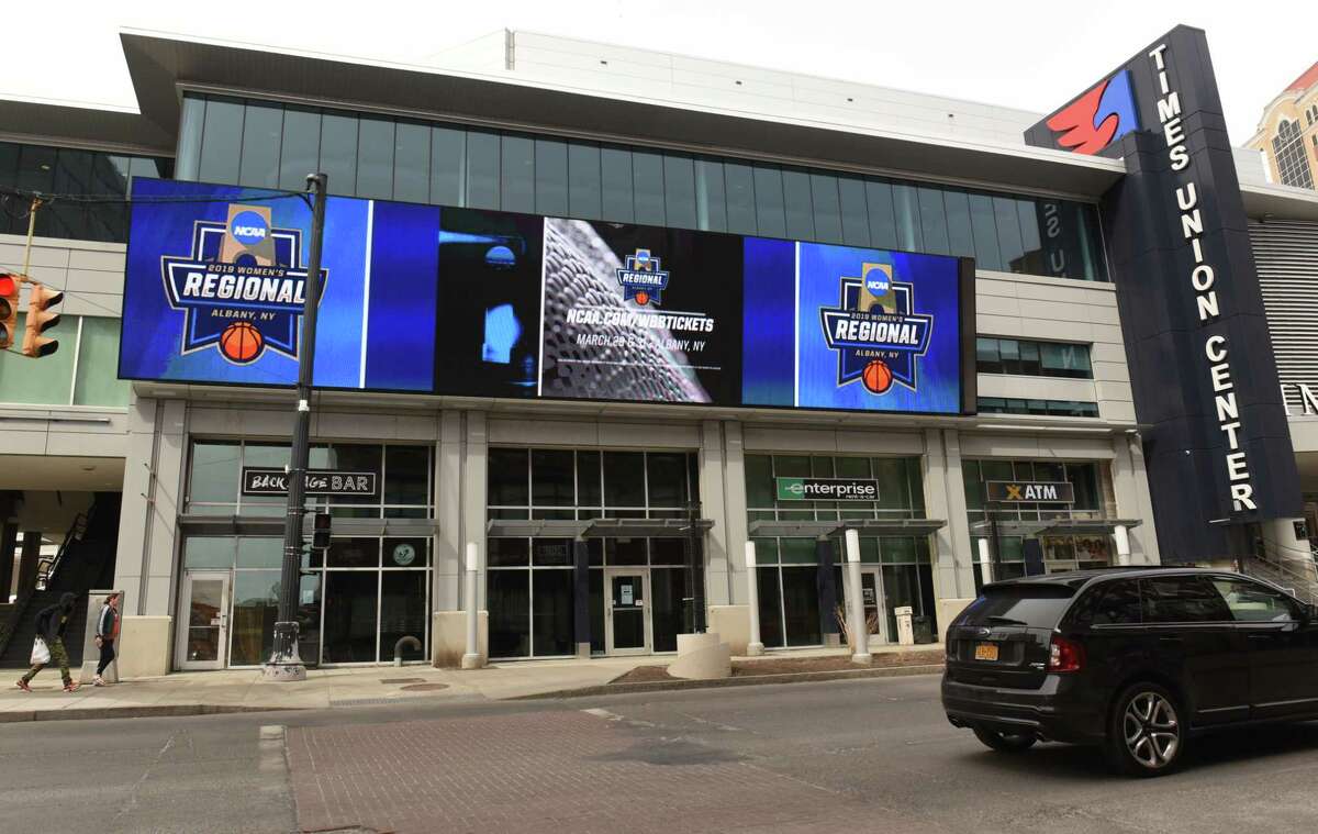 The Albany Regional of the NCAA Women's Basketball Championship is advertised on monitors outside of the Times Union Center on Thursday, March 28, 2019 in Albany, N.Y. (Lori Van Buren/Times Union)