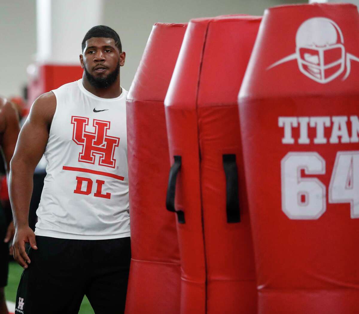 Ed Oliver participates in position skill work at the University of Houston Pro Day at UH's Indoor Practice Facility, Thursday, March 28, 2019, in Houston.
