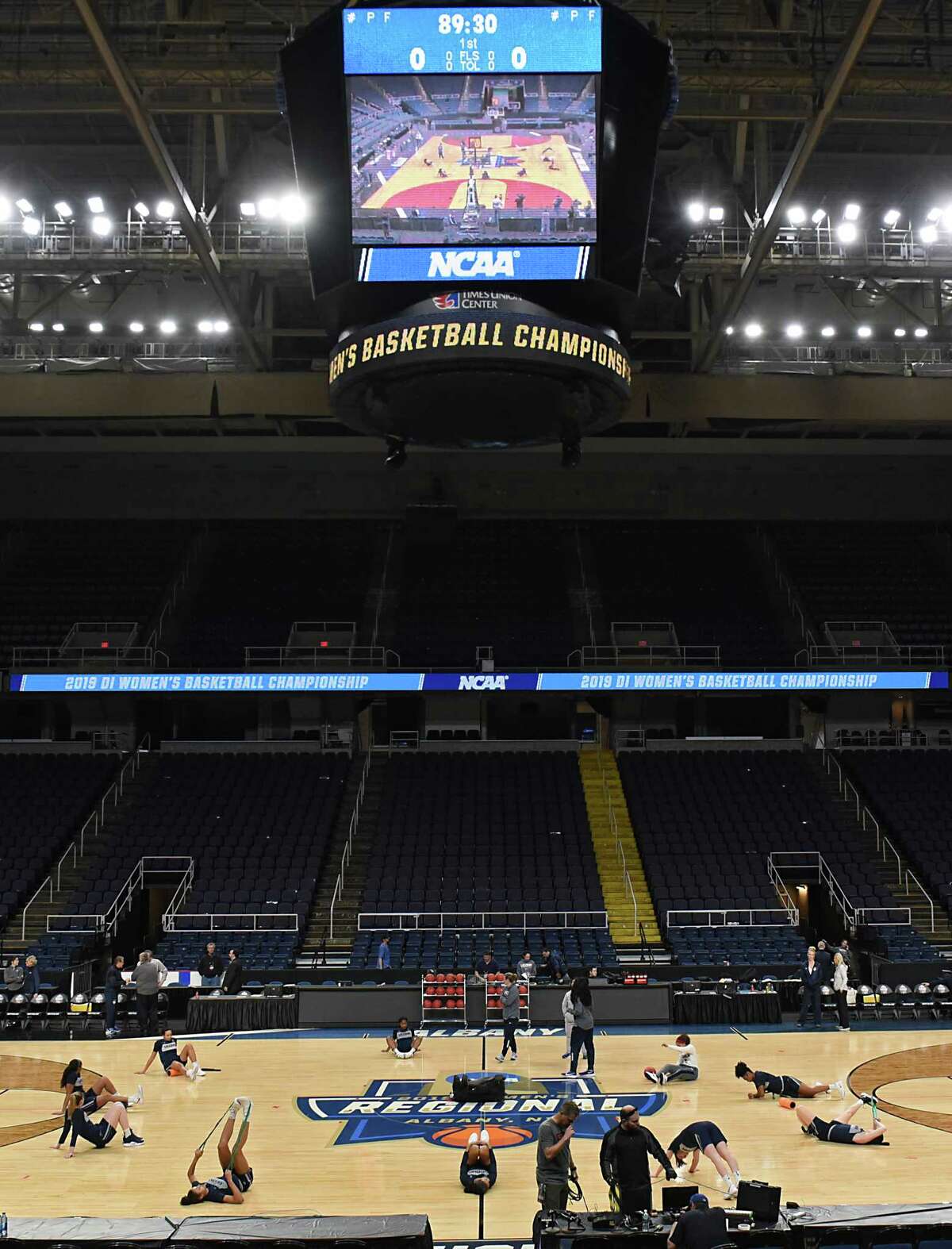 University of Connecticut players warm up during practice the day before the Albany Regional of the NCAA Women's Basketball Championship at the Times Union Center on Thursday, March 28, 2019 in Albany, N.Y. UConn will be taking on UCLA on Friday. (Lori Van Buren/Times Union)