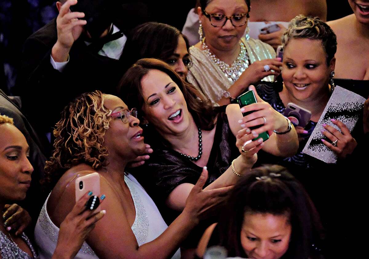 California Senator Kamala Harris, who announced her candidacy for the Presidency of the United States in January, takes selfies after delivering brief remarks at the 37th Annual Alpha Kappa Alpha Pink Ice Gala sorority event in Columbia, SC. Harris became a member of Alpha Kappa Alpha sorority as an undergraduate when she attended Howard University.