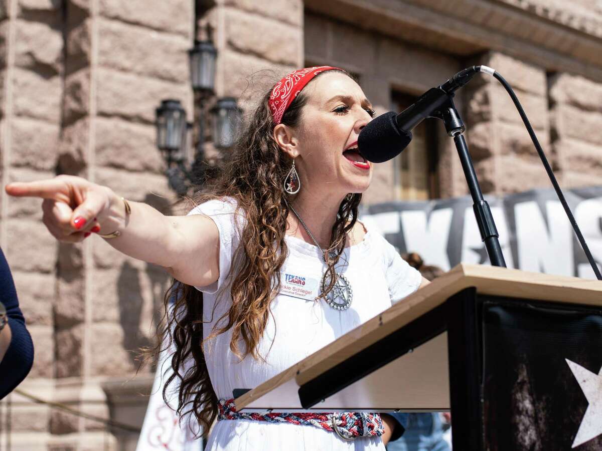 Jackie Schlegel, Executive Director of Texans for Vaccine Choice, speaks from the podium during a rally at the Texas State Capitol in Austin on Thursday, March 28, 2019.