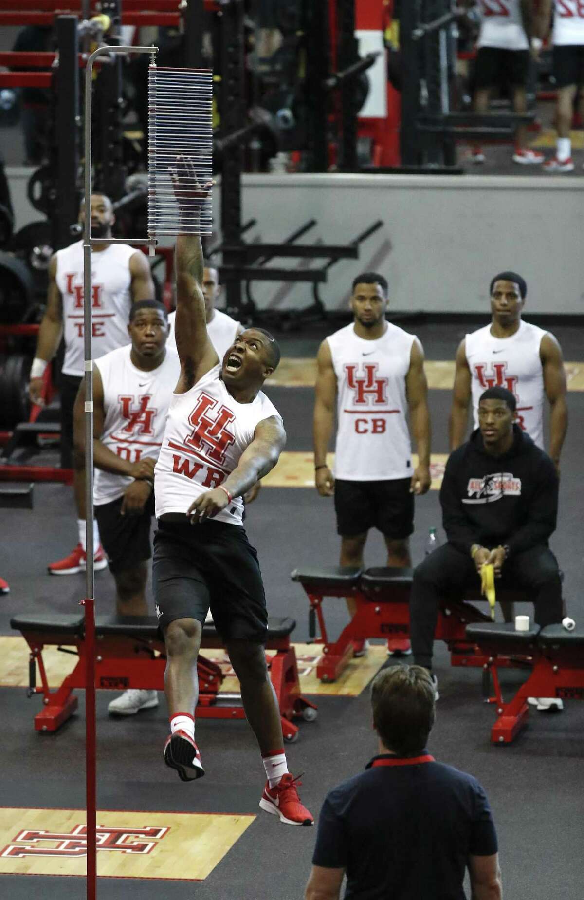 Kinte Hatton participates in the vertical jump testing in the weight room of the UH Athletics/Alumni Center at the University of Houston Pro Day, Thursday, March 28, 2019, in Houston.