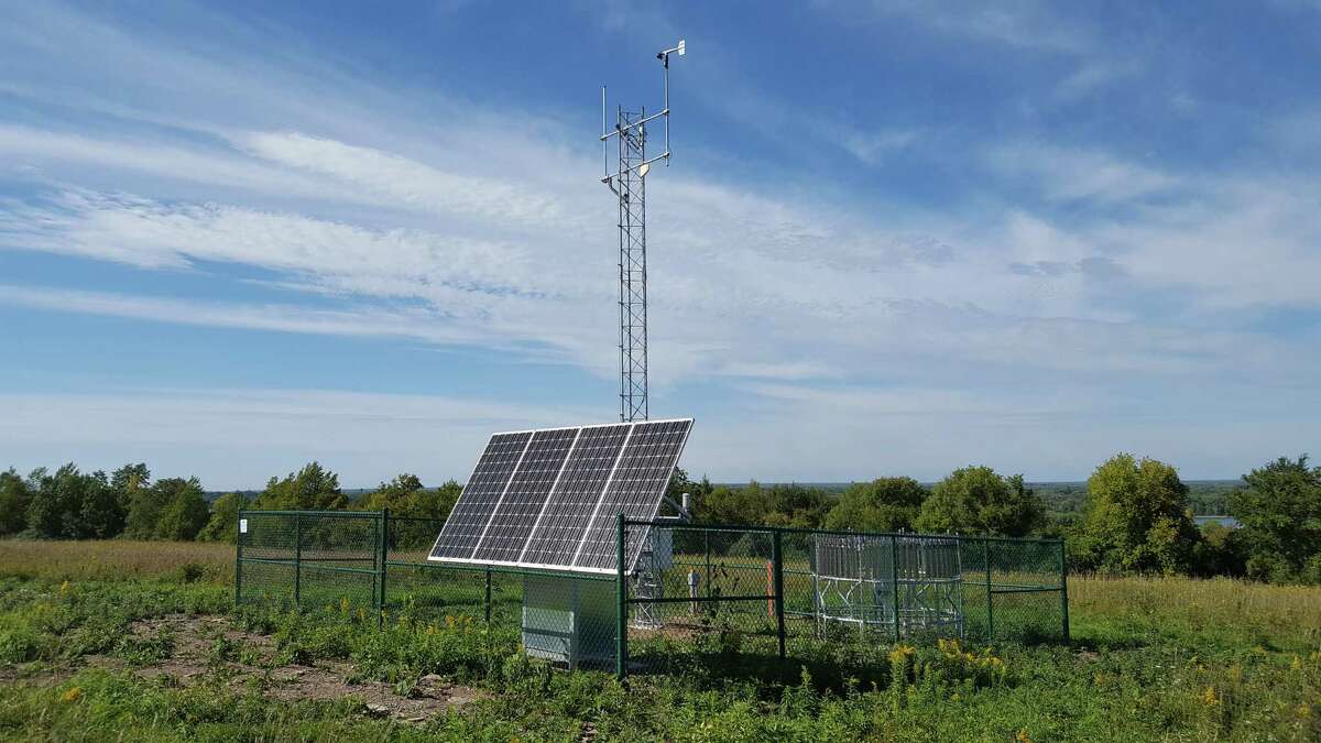 A weather sensor in the state mesonet in Fayetteville, Onondaga County, is among 126 spread across the state. State electrical grid planners are using data from the network to better predict when solar elecricity output will ebb and flow. (Photo provided by University at Albany)