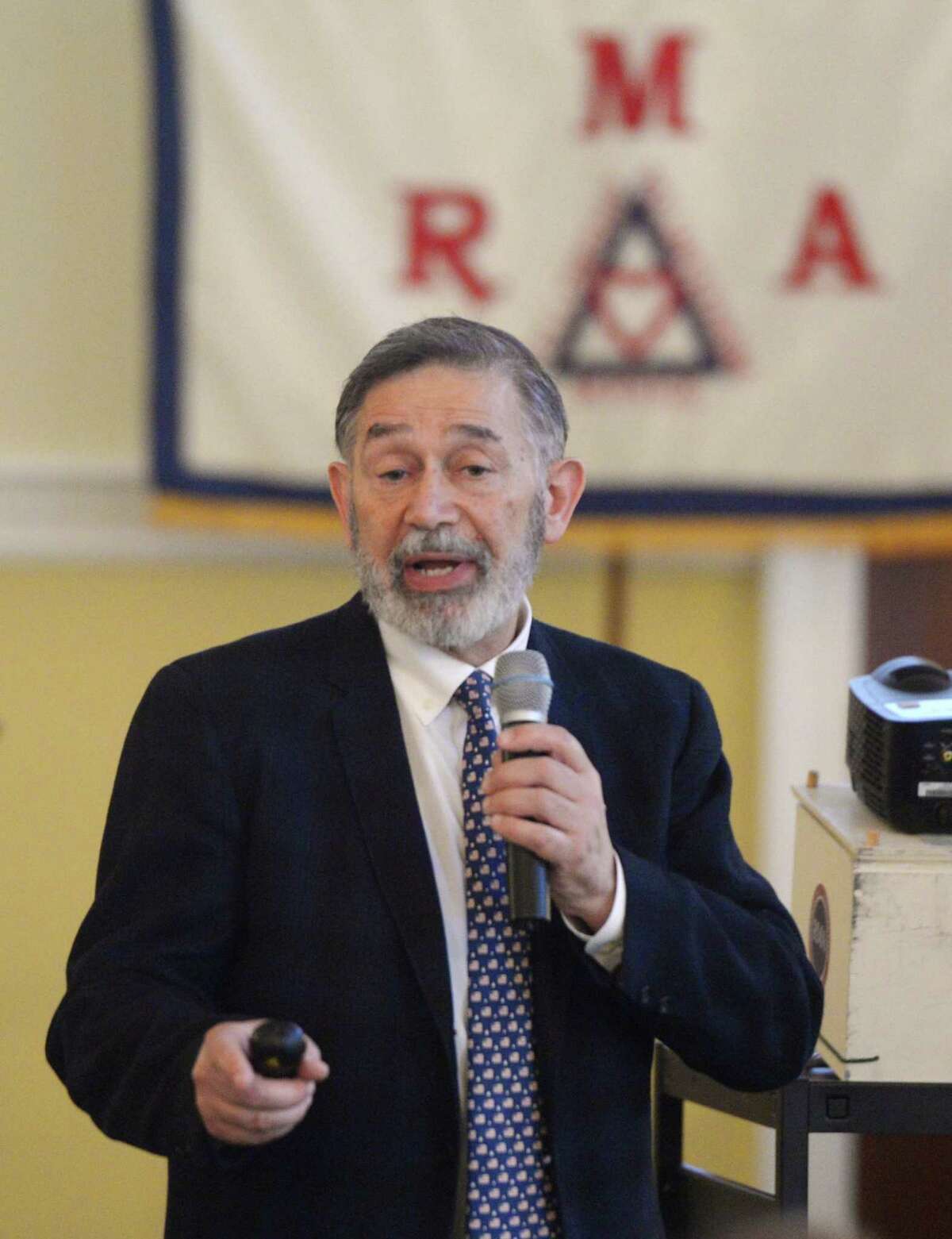Interim Superintendent of Schools Ralph Mayo speaks during the presentation of “How School is Different in the 21st Century" as part the Retired Men's Association's weekly speaker series at First Presbyterian Church in Greenwich, Conn. Wednesday, Feb. 6, 2019.