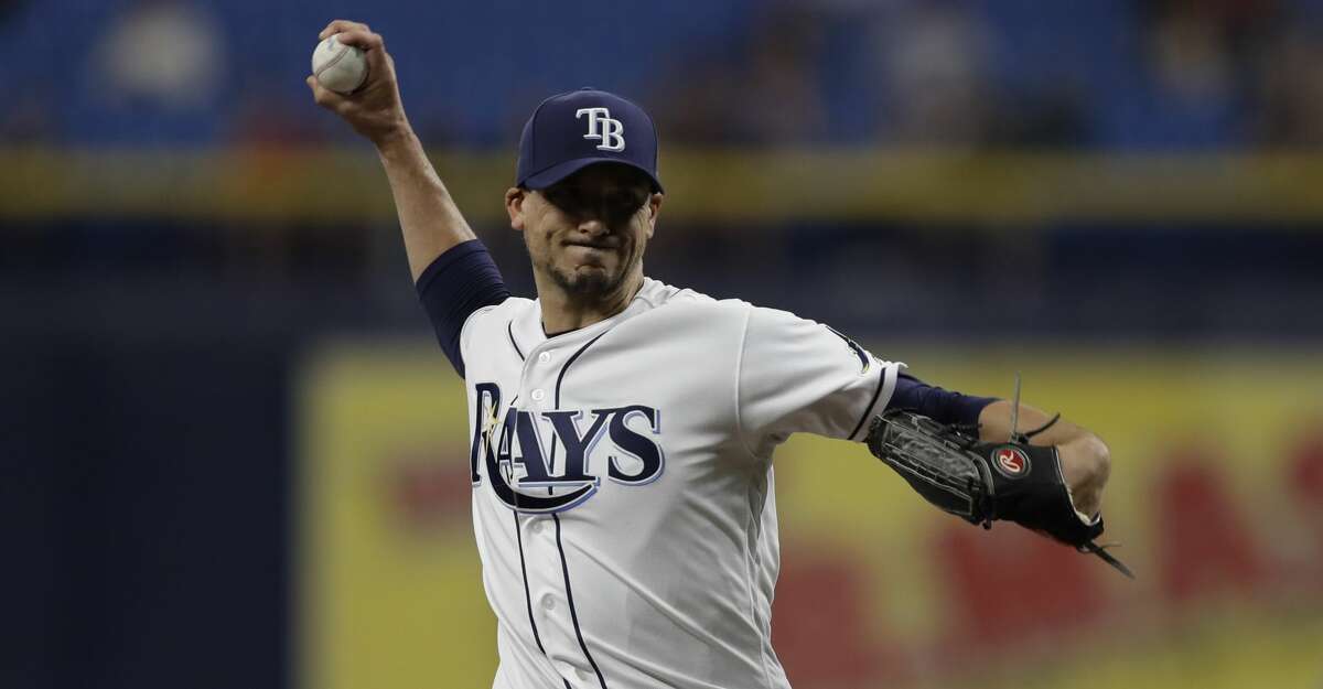 Tampa Bay Rays starting pitcher Charlie Morton during the first inning of a baseball game against the Houston Astros Friday, March 29, 2019, in St. Petersburg, Fla. (AP Photo/Chris O'Meara)