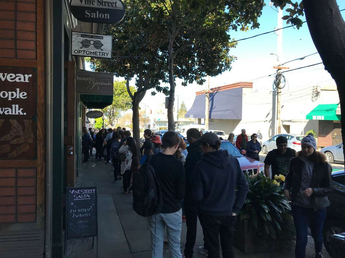 Big lines stretched around the block for the yard sale hosted by Alice Waters of Chez Panisse in Berkeley on March 31, 2019.