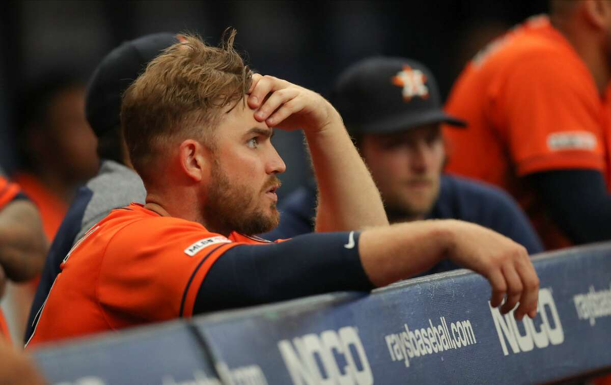 ST. PETERSBURG, FL - MARCH 31: Max Stassi #12 of the Houston Astros watches during the ninth inning of a baseball game against the Tampa Bay Rays at Tropicana Field on March 31, 2019 in St. Petersburg, Florida. (Photo by Mike Carlson/Getty Images)