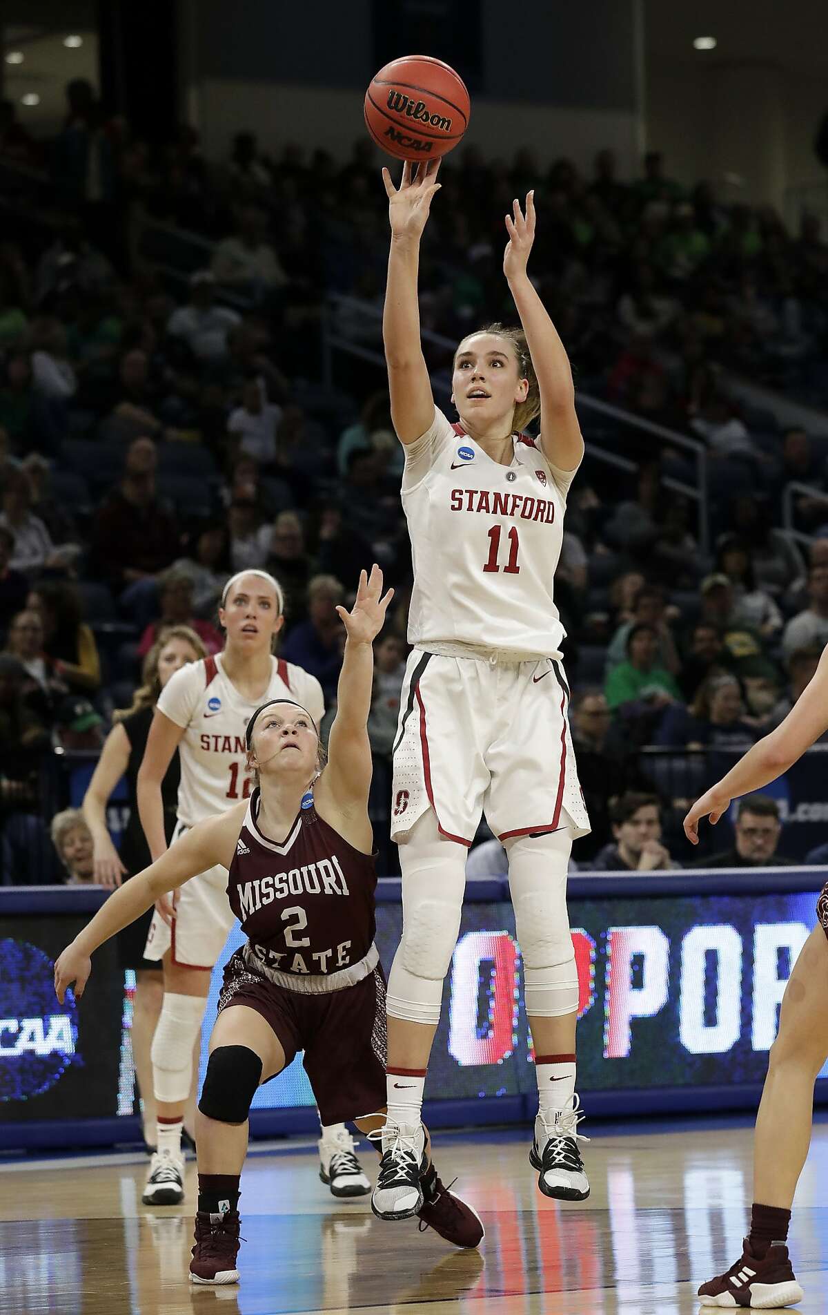Stanford's Alanna Smith (11) shoots during the first half of a regional semifinal game against Missouri State in the NCAA women's college basketball tournament, Saturday, March 30, 2019, in Chicago. (AP Photo/Nam Y. Huh)