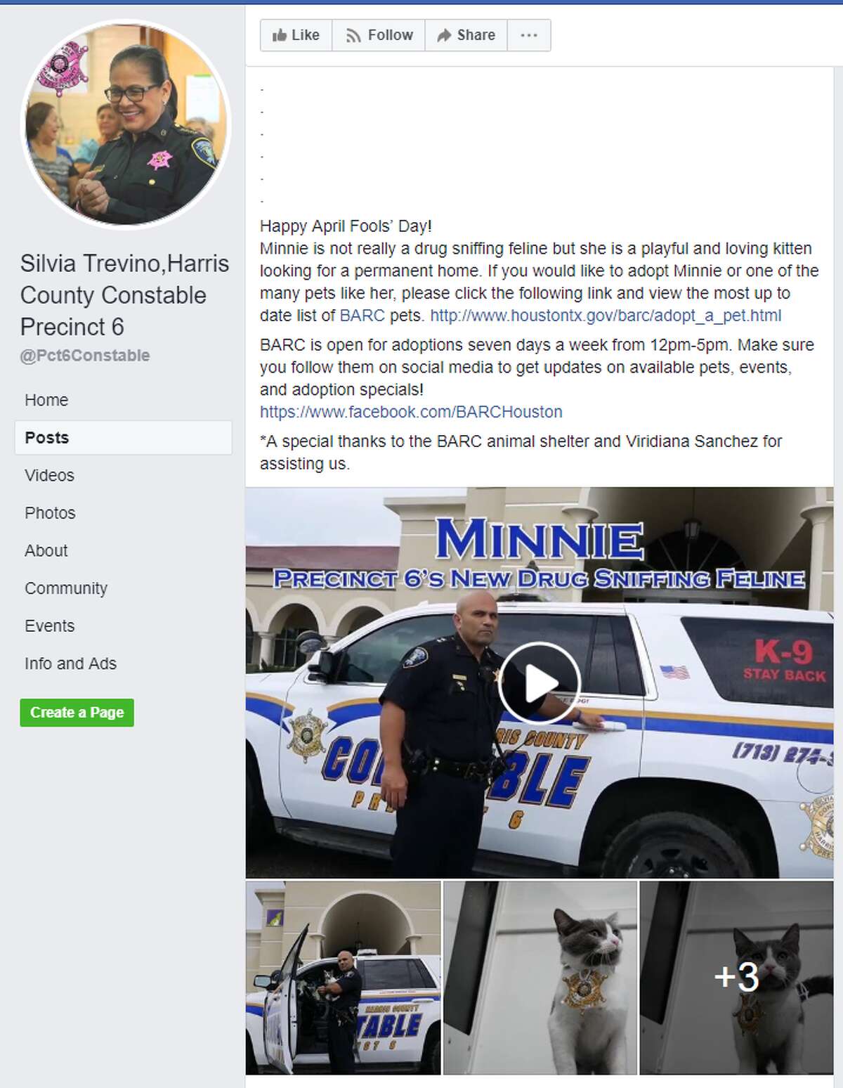 Harris County Constable Precinct 6 posted on Facebook  "Due to the success of our drug detection K9 Ka’ro, Precinct 6 has decided to add a drug-sniffing feline to our team. “Minnie” will be the first drug-sniffing feline to work for a Harris County Law Enforcement agency and we couldn’t be more honored to have her." 