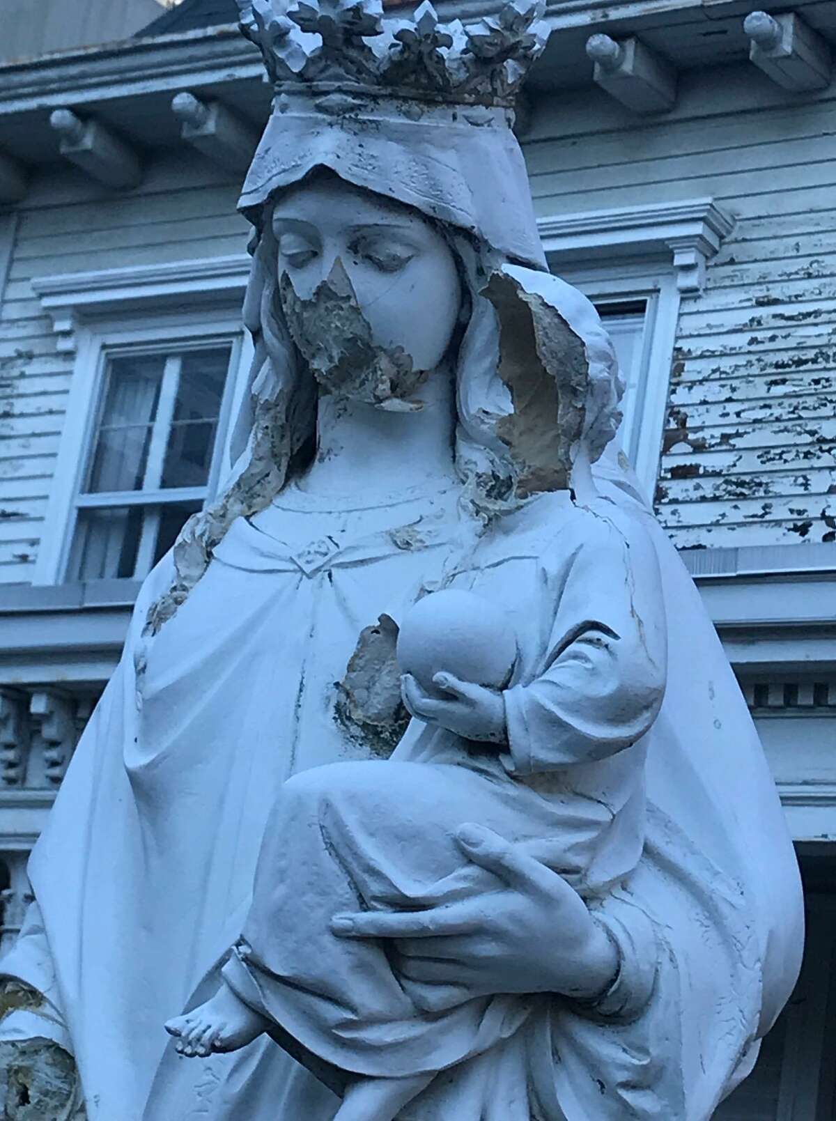 A statue of the Virgin Mary and baby Jesus was vandalized outside the Basilica of St. John the Evangelist on Atlantic Street in downtown Stamford over the weekend.