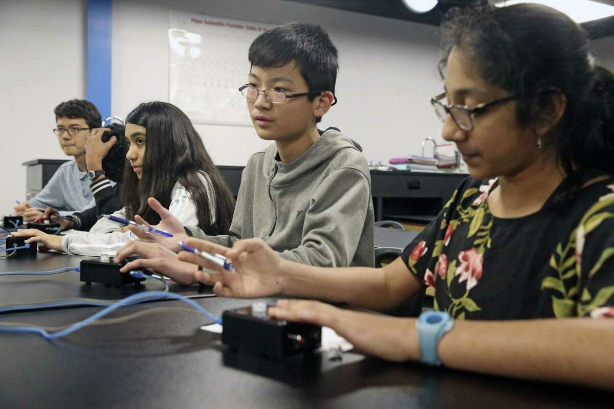 Students at BASIS San Antonio’s Shavano Campus practice for the National Science Bowl sponsored by the U.S. Department of Energy Thursday March 21, 2019. From left are Louis Geer, Sarthak Mohanty, Aanika Porras, Eric Zou and Sreeharshini Kundurthi.