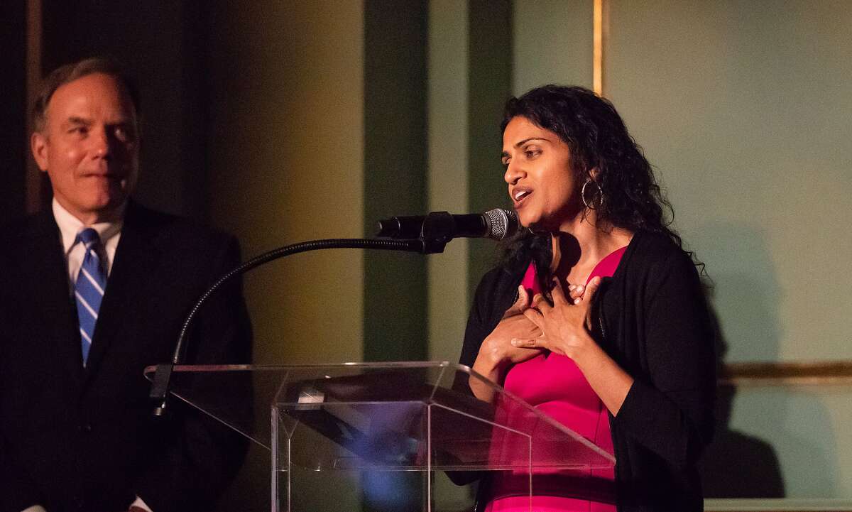Saru Jayaraman, Co-Founder & President Restaurant Opportunities Centers United, speaks after winning the Visionary of the Year Award gala on Wednesday, March 27, 2019 in San Francisco, CA. John Diaz Editorial Page Editor, San Francisco Chronicle is at left.