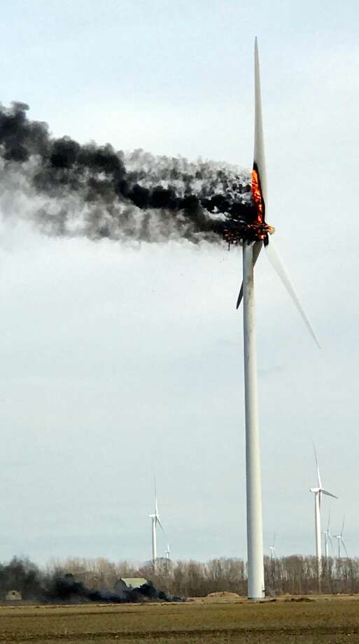A wind turbine near the corner of Elkton and Campbell Roads, north of Elkton caught fire. Photo: Renee Willis/Huron Daily Tribune 