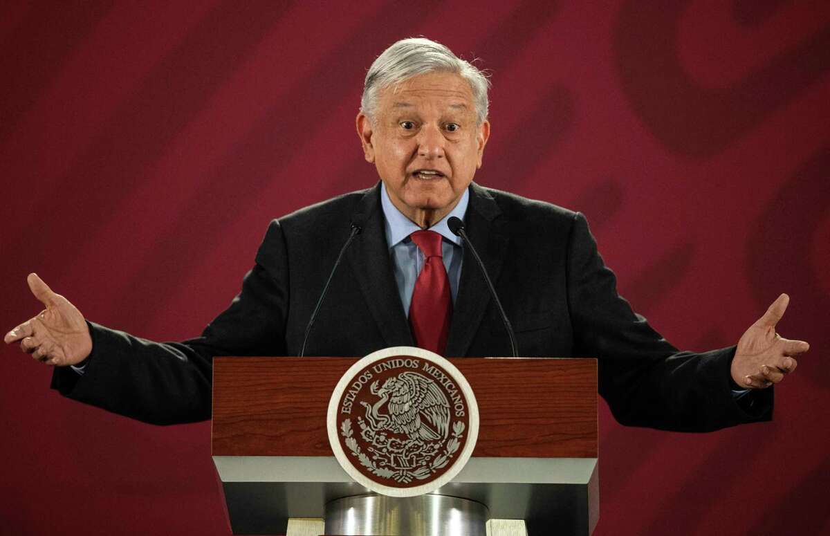 Mexican President Andres Manuel Lopez Obrador gestures during his daily morning press conference at the National Palace in Mexico City.