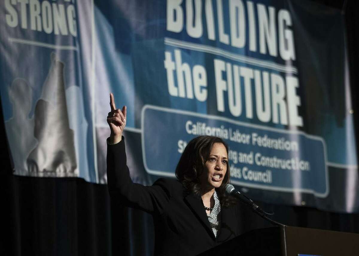 Sen. Kamala Harris, presidential candidate, bids for union support in a speech to labor organizations in Sacramento.