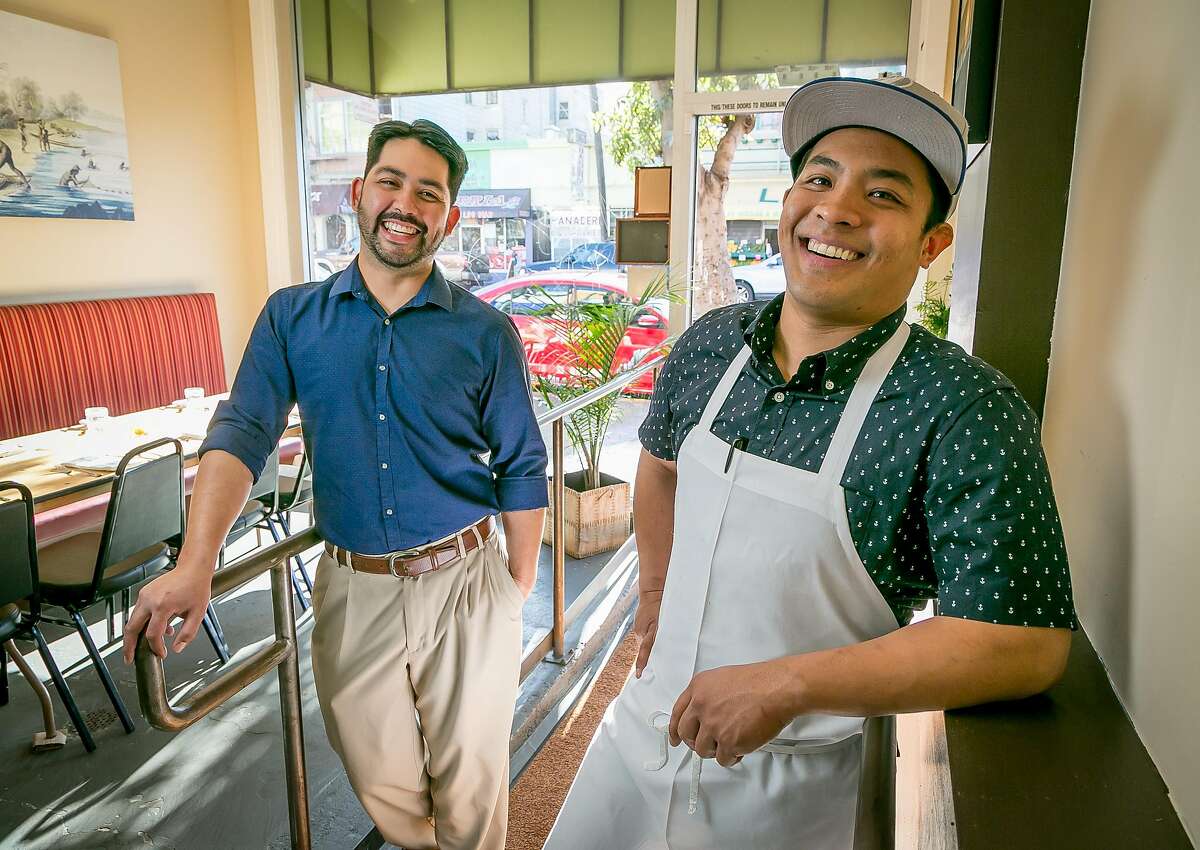 Chef/owner Shawn Naputi (apron) and his biz partner Shawn Camacho at Prubechu in San Francisco, Calif., are seen on Saturday, April 5th, 2014.