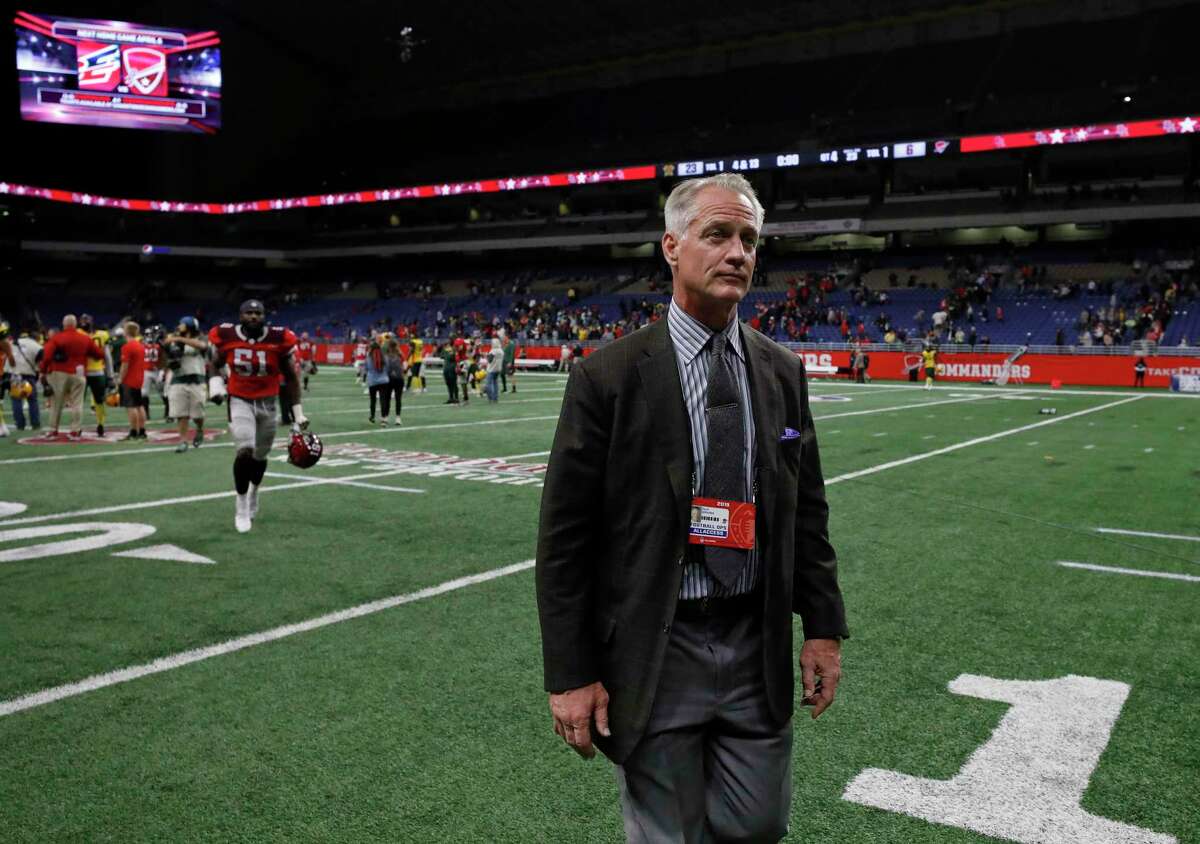 Daryl Johnston, general manager of the San Antonio Commanders, walks off the field after an Alliance of American Football game against the Arizona Hotshots at the Alamodome on March 31, 2019.