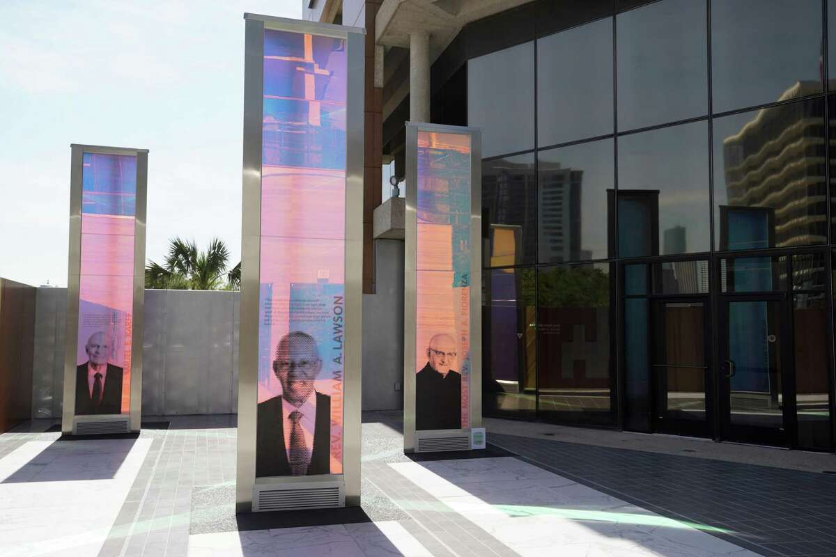 The new Brigitte and Bashar Kalai Plaza of Respect at the Interfaith Ministries for Greater Houston campus featuring three monuments of dichroic glass to honor Rabbi Samuel Karff, Rev. William Lawson, and Archbishop A. Joseph Fiorenza is shown Tuesday, April 2, 2019, in Houston.
