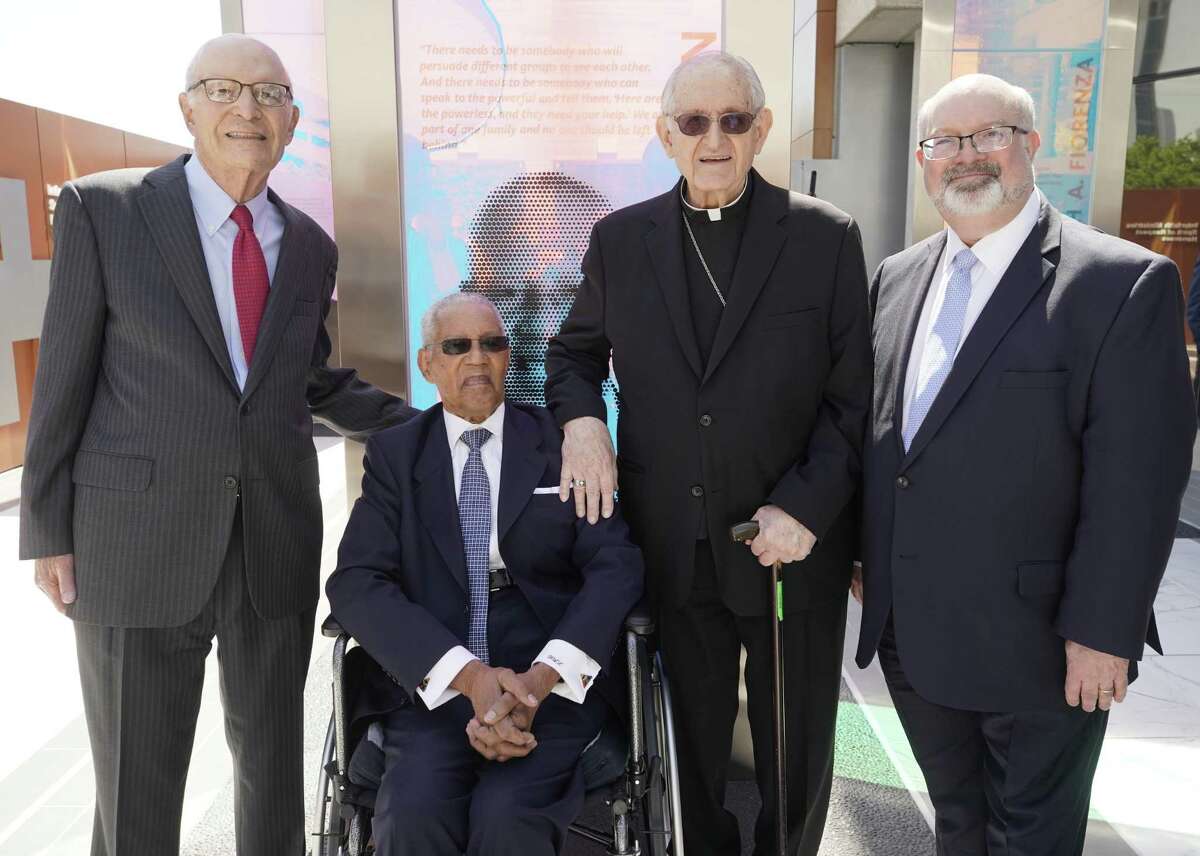 Rabbi Samuel Karff, left, Rev. William Lawson, Archbishop A. Joseph Fiorenza and Martin Cominsky, president and CEO Interfaith Ministries for Greater Houston are shown in the new Brigitte and Bashar Kalai Plaza of Respect at the Interfaith Ministries for Greater Houston campus Tuesday, April 2, 2019, in Houston.