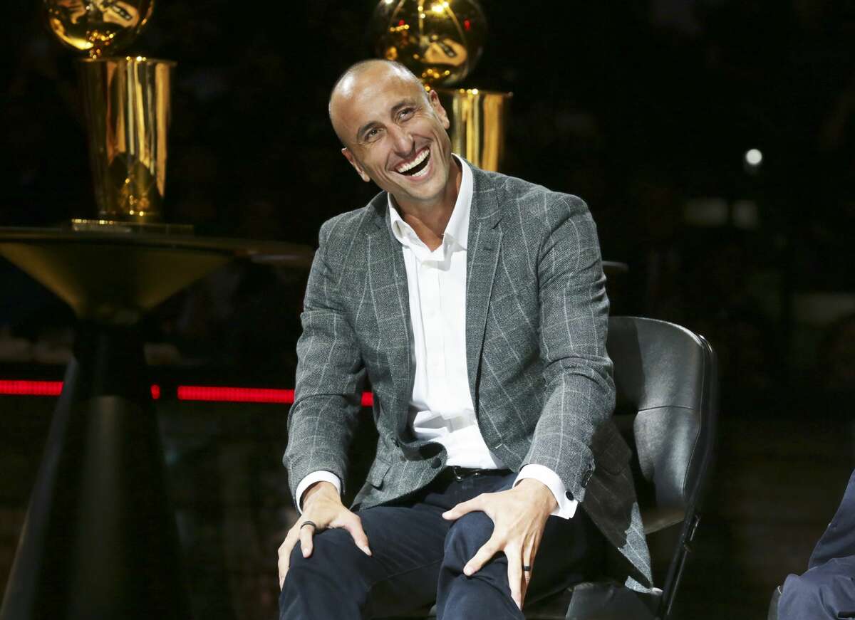 Manu Ginobili is celebrated at his retirement ceremony at the AT&T Center following the Spurs game against the Cleveland Cavaliers on March 28, 2019.