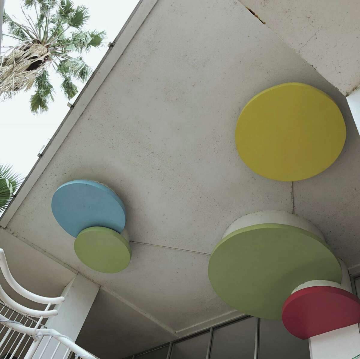 Pops of color are common design elements in mid-century modern architecture. Here’s a look at the ceiling of El Tropicano Hotel on the River Walk.