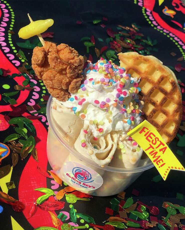Rolling Reys unveiled the "Fiesta Roll" as treat of the month. For $5.99, customers will get waffle and maple syrup rolled ice cream, topped with a waffle, a tiny chicken on a stick, whipped cream and "fiesta" sprinkles. Photo: Courtesy, Manuel Quintana/Rolling Reys 