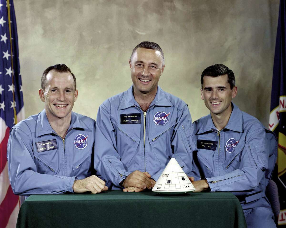 This undated photo made available by NASA shows the Apollo 1 crew, from left, Edward H. White II, Virgil I. "Gus" Grissom, and Roger B. Chaffee. On Jan. 27, 1967, a flash fire erupted inside their capsule during a countdown rehearsal, with the astronauts atop the rocket at Cape Canaveral’s Launch Complex 34. All three were killed. (NASA via AP)
