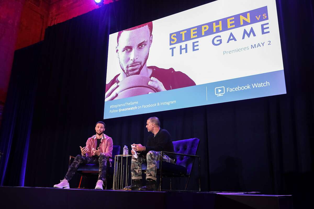 OAKLAND, CALIFORNIA - MARCH 31: Stephen Curry and Gotham Chopra speak onstage at 16th Street Station on April 1, 2019 in Oakland, California. (Photo by Kelly Sullivan/Getty Images for Facebook)