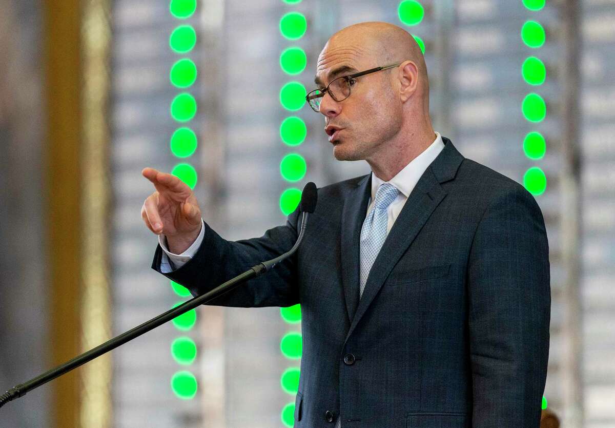 Speaker of the House Dennis Bonnen, R-Angleton, presides over an amendment vote to House Bill 3 at the Texas Capitol in Austin, Wednesday, April 3, 2019.(Stephen Spillman / for Express-News)
