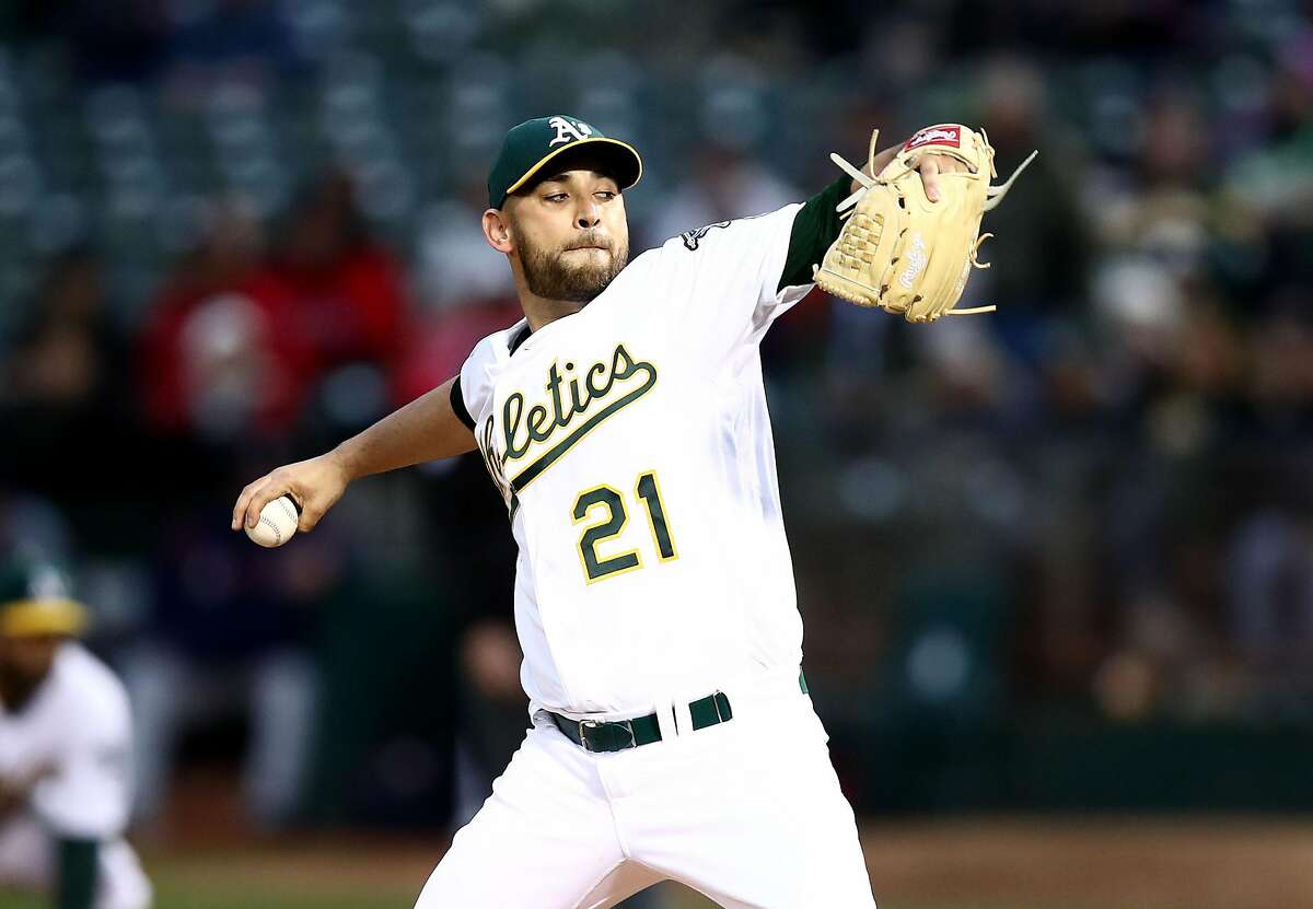 OAKLAND, CALIFORNIA - APRIL 03: Marco Estrada #21 of the Oakland Athletics pitches against the Boston Red Sox in the first inning at Oakland-Alameda County Coliseum on April 03, 2019 in Oakland, California. (Photo by Ezra Shaw/Getty Images)