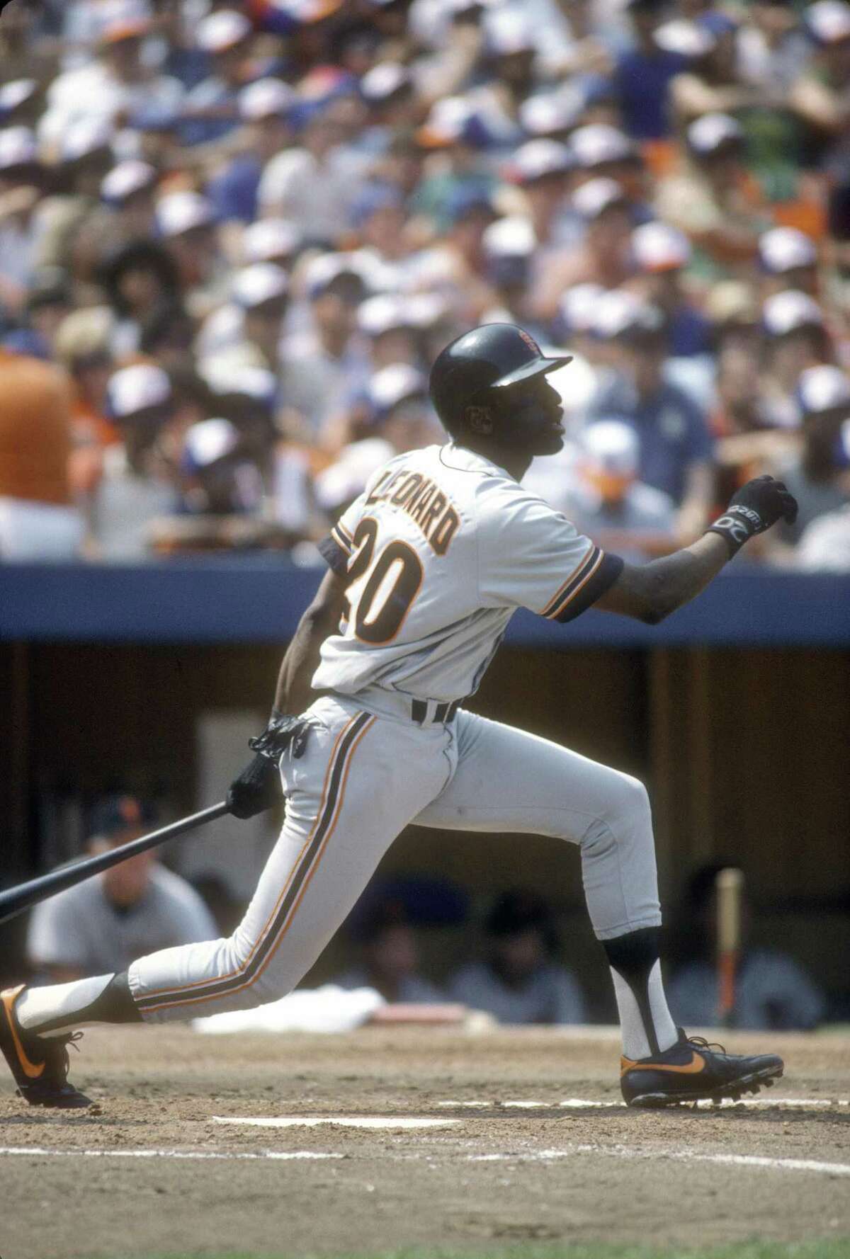 Jeffrey Leonard of the San Francisco Giants bats against the New York Mets during a 1986 game at Shea Stadium.