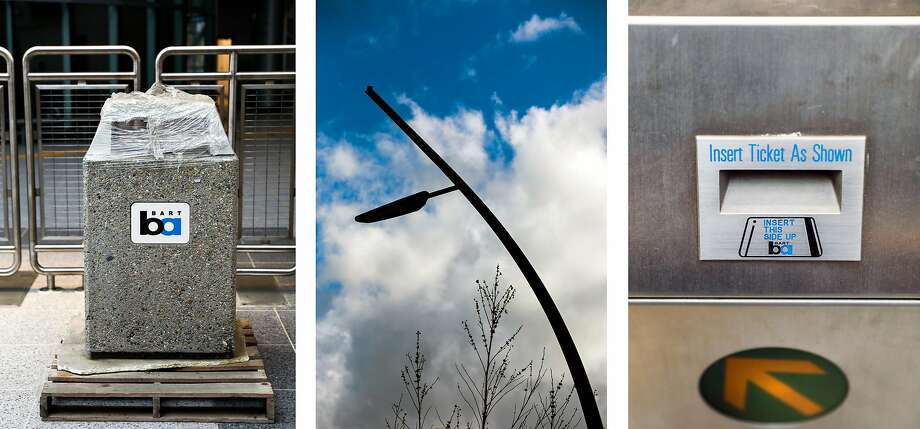 Details from the new Milpitas BART: 1. New trash bin 2. Street lamp 3.  Turnstile Photo: Gabrielle Lurie / The Chronicle