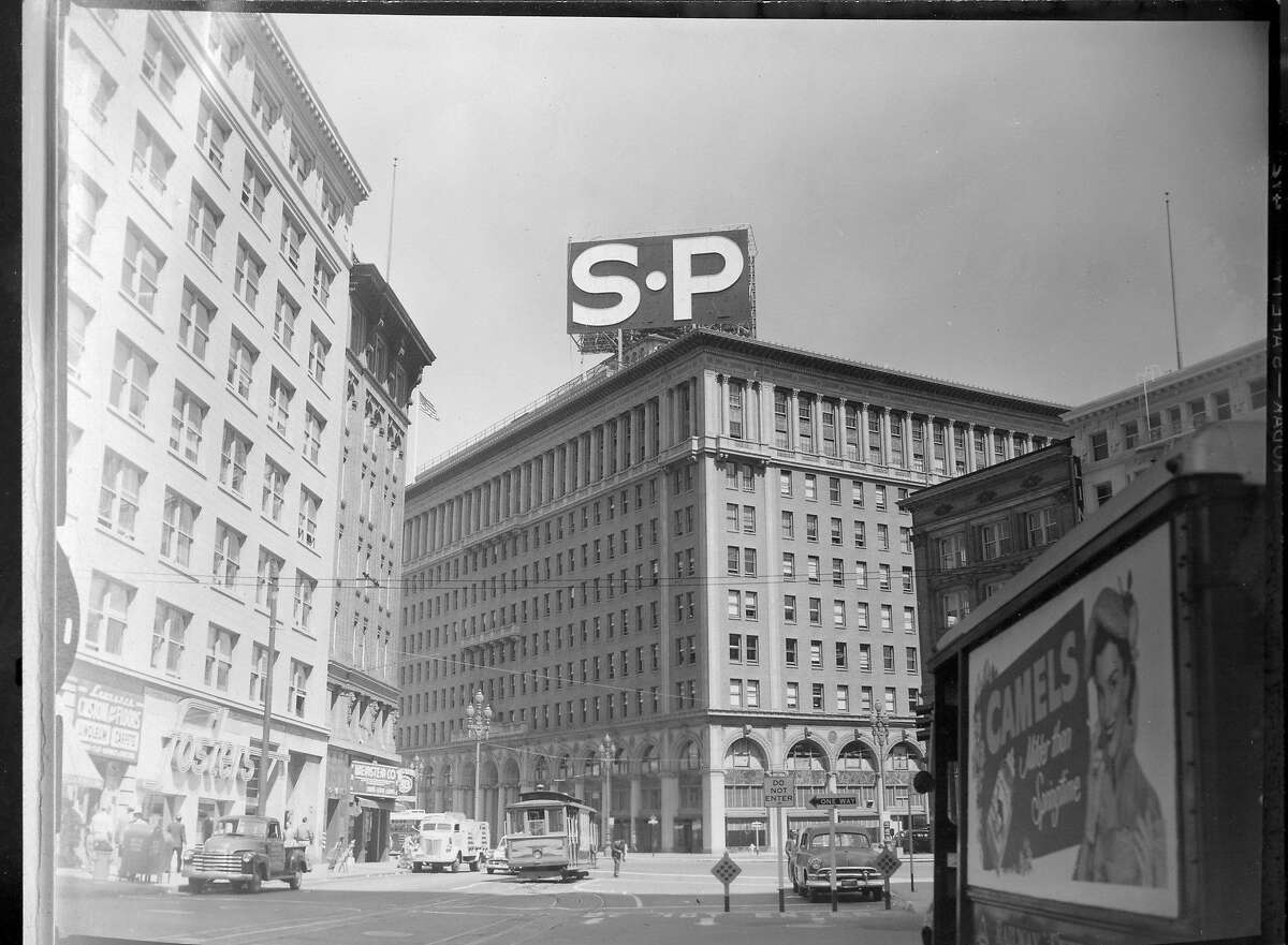 The old Southern Pacific downtown building with the large SP sign in San Francisco Photo shot 04/21/1954