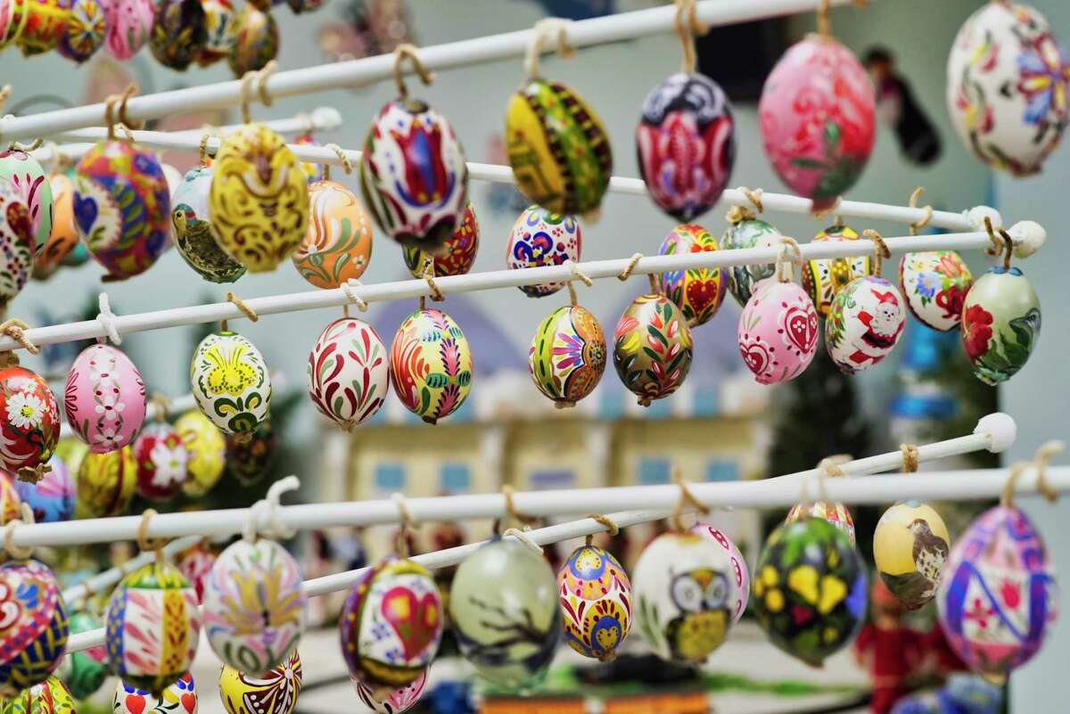 Hand painted eggs created by Mildred Vroman are seen hanging on an egg tree inside the Schoharie Easter Egg Museum on Monday, April 1, 2019, in Schoharie New York. (Paul Buckowski/Times Union)