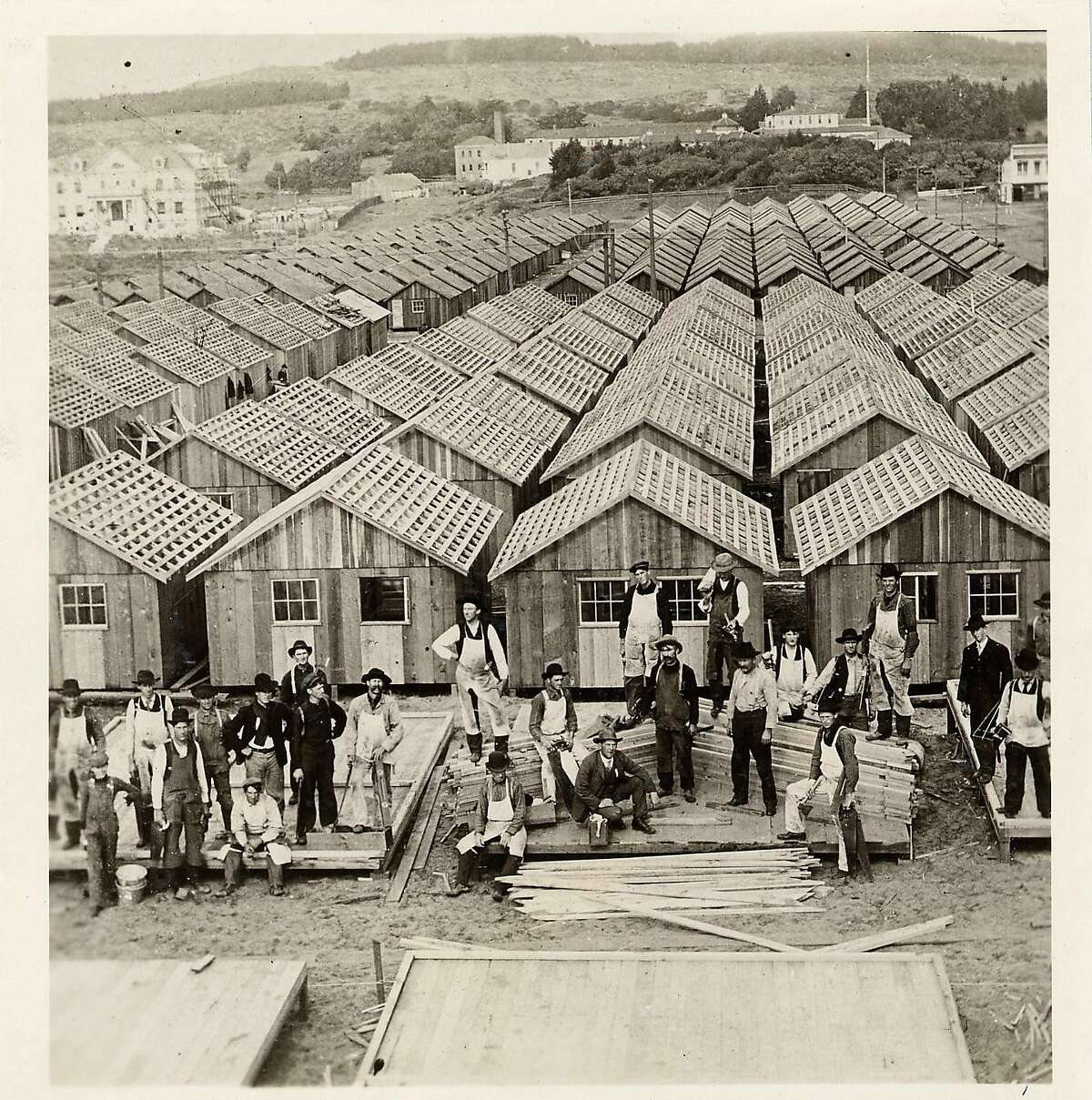 Earthquake refugee shacks in Precita Park in 1906Ran on: 03-30-2006 Shacks constructed by union carpenters for earthquake refugees stand in Precita Park in 1906.
