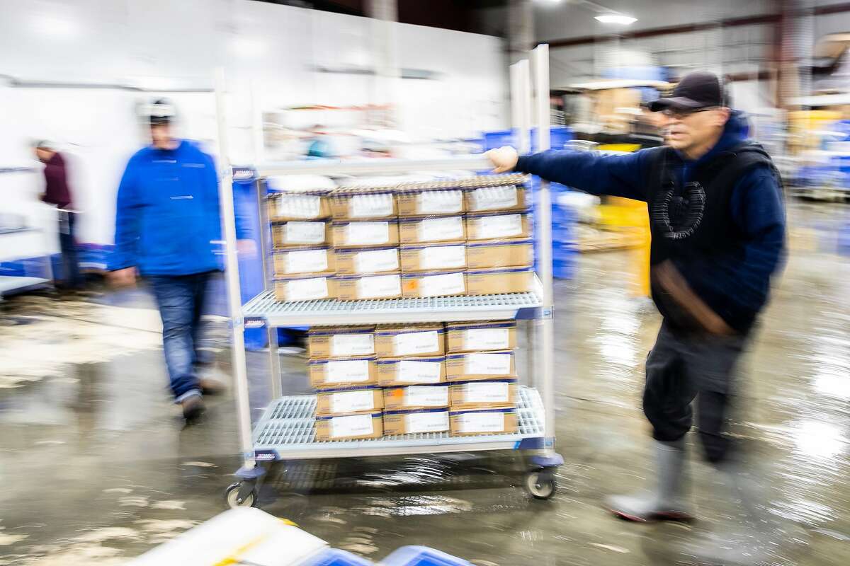 A worker pulls a rack of packaged seafood to a waiting delivery car at Four Star Seafood in San Francisco, Calif. on Wednesday, April 3, 2019.